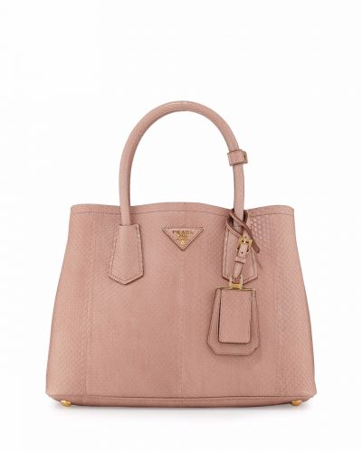 Prada Double Pink Leather Autumn New Tote Bags Flat Bottom with Studs For Sale Time Limited 