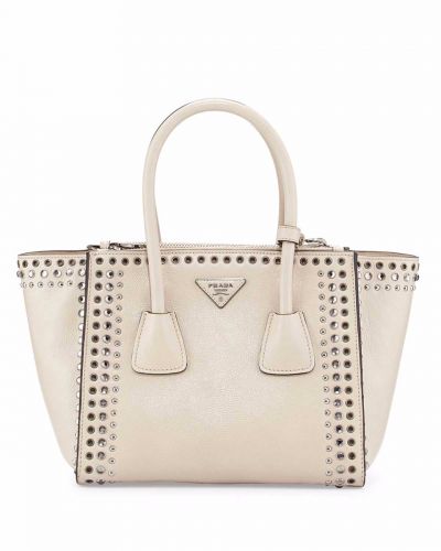 Fashionable Prada Etiquette White Leather Tote Bags Silver Studs Crystal Decoration Rounded Handles Magnet Button Closure