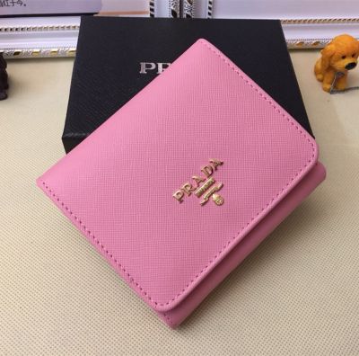 Pink Prada Pebble Leather Wallet Small Size Front Gold Plated Hardware Womens New Fashion Replica