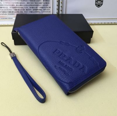 New Style Blue Grainy Leather Prada Vernice Wallet Zip Around Silver Zipper Embossed Logo Replica
