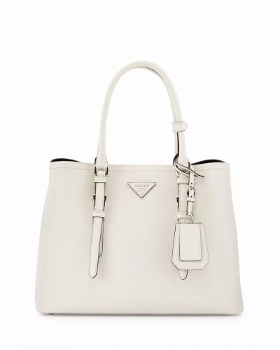 Prada Double White Tote Bags Leather Triangle With Logo Lettering Open Closure Silver Hardware Hot Selling Replica