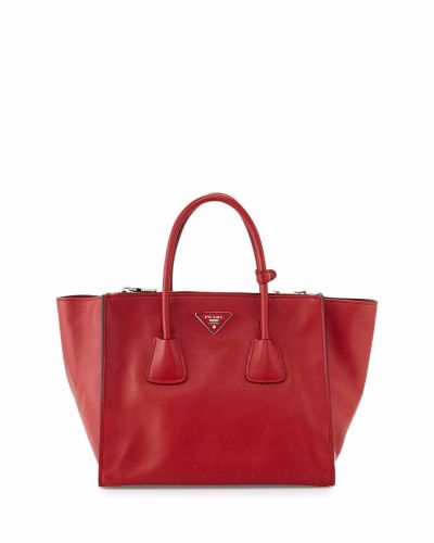 Prada Etiquette Red Leather Tote Bags Silver Hardware Rounded Handles Both Side Extended Classic Triangle Logo