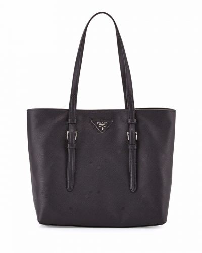 Prada Black Leather Shopper Tote Bags Long Handles With Buckles Button Closure Silver Handle Online Replica