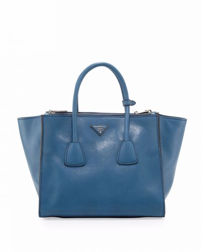 Blue Prada Etiquette Leather Tote Bags Rolled Handles Silver Hardware Flat Bottom With Protect Studs Onsale