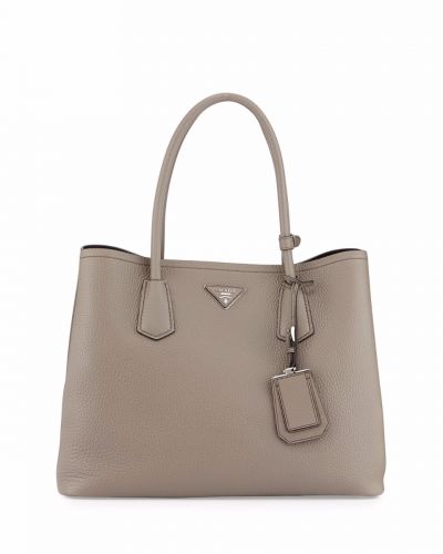 Gray Grainy Leather Prada Double Large Interior Space High Quality Ladies Shopping Tote Bags 
