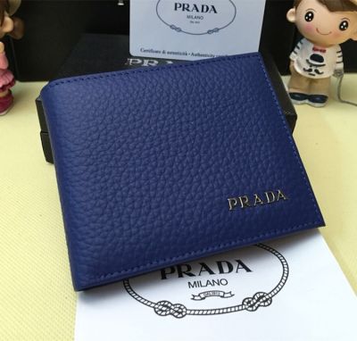 Unisex Blue Grainy Leather Prada Pebble Wallet&Purse Gold Hardware Good Reviews Hot Selling Replica