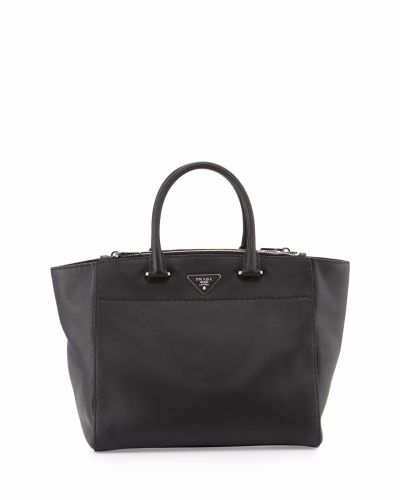 Black Leather Prada Etiquette Tote Bags Rolled Handles Silver Hardware Triangle Leather With Silver Lettering Logo  