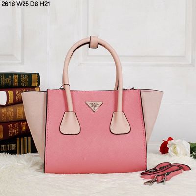 Replica Prada Etiquette Bi-color Dark Pink/ Pink Leather Tote Bags Rolled Top Handles Detachable Shoulder Strap
