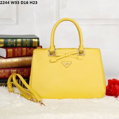Prada Galleria Yellow Leather Top Handle Tote Bags Silver Hardware Delicate Trimming Replica Free Shipping 