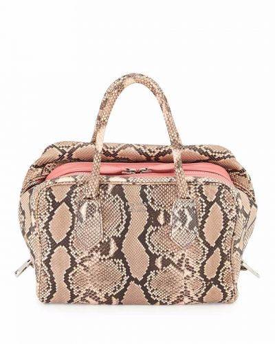 Prada insideeE Python Leather Tote Bags Rolled Handles Pink Leather Interior Silver Hardware Double Zipper Closure