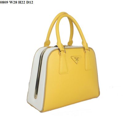 Prada Promenade Leather Medium Tote Bag Yellow White Double Handles Gold Plated Hardware Metal Lettering Logo