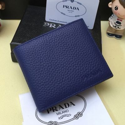 Prada Pebble Men's Wallet Blue Grainy Leather Front Embossed Label Bill Compartments Fabric Lining Sell