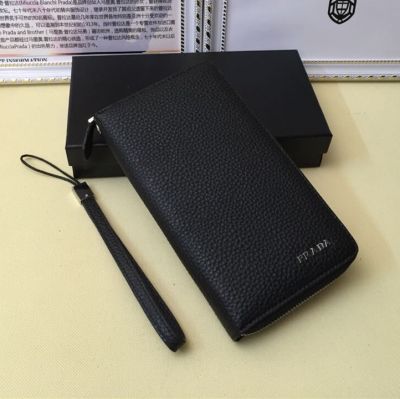 Black Grainy Leather Prada Vernice Long Wallet Zip Around Silver Hardware Engrave Logo Hand Strap