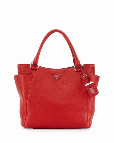 AAA Quality Red Grainy Leather Prada Vitello Daino Tote Bags Outside Pocket Delicate Trimming Replica