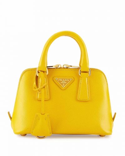 Bright Yellow Prada Promenade Tote Bags Mini Leather Double Zip Delicate Gold Hardware Trimming UK