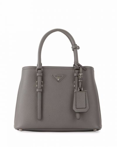 Vogue Prada Double Tote Bags Gray Leather Small Size Buckled Straps Hanging ID Tag Silver Hardware