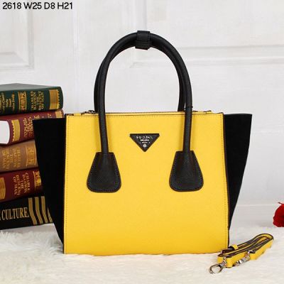 Prada Etiquette Bi-color Leather Tote Bags Lemon Yellow/ Black Silver Hardware Triangle With Metal Lettering Logo  