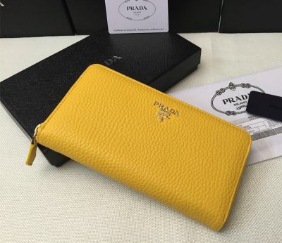 Yellow Grainy Leather Prada Vernice Long Wallet Gold Hardware Zipper Ladies Online Sale Imitated