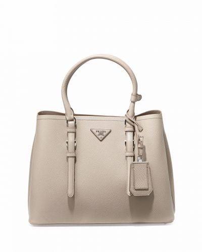 Spring New Prada Double Leather Tote Bags Gray Open Top With Expandable Snap Sides Flat Bottom