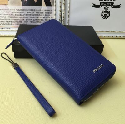 Sapphire Blue Prada Vernice Grainy Leather Wallet Silver Hardware Zipper Removable Hand Strap Online Sale Replica