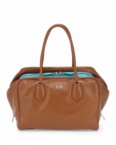 Prada insideeE Brown Soft Leather Tote Bags Interior Turquoise Leather Pocket Silver Hardware Removable Shoulder Strap