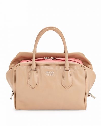 Prada insideeE Pink Soft Leather Tote Bags Extended Zip Top Removable Shoulder Strap Silver Hardware