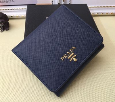 Traditional Top Quality Navy Prada Pebble Leather Bifold Wallet with Contrast Pop Interior Snap Closure Replica