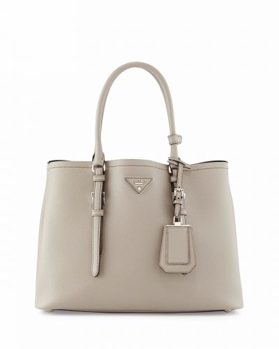Gray Prada Double Leather Tote Bags Belted Top Handles With Strap Keeper Expandable Snap Sides