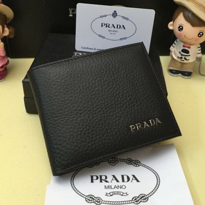 Spring New Prada Pebble Black Grainy Leather Wallet Silver Hardware Parallel Label Fashionable Men High Quality Sell 