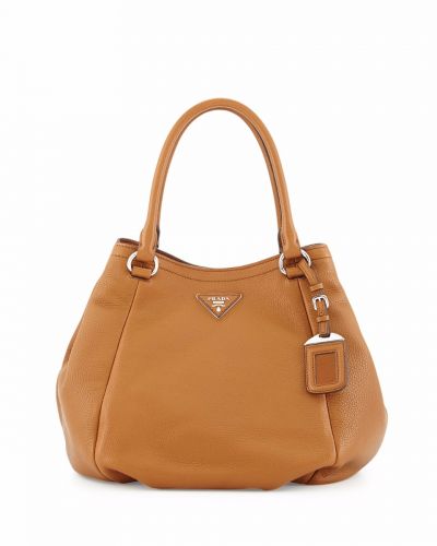 Brown Prada Vitello Daino Tote Bags Leather Delicate Trimming Silver Hardware Rounded Handle Online Sale