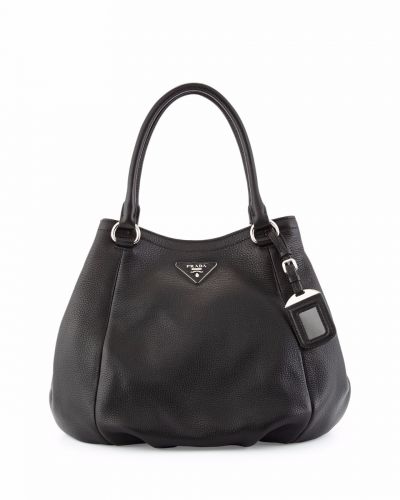 Classical Black Tote Bags Prada Vitello Daino Grainy Leather Arounded Handles Silver Hardware Online Sale