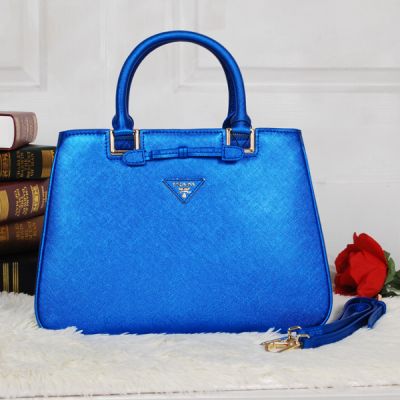 Prada Galleria Fluorescent Blue Leather Tote Bags Gold Plated Hardware Removable Shoulder Strap Short Rolled Handles
