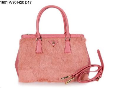 Vogue Prada Galleria Pink Rabbit Fur Leather Tote Bags Silver Hardware Zip Closure Removable Shoulder Strap  
