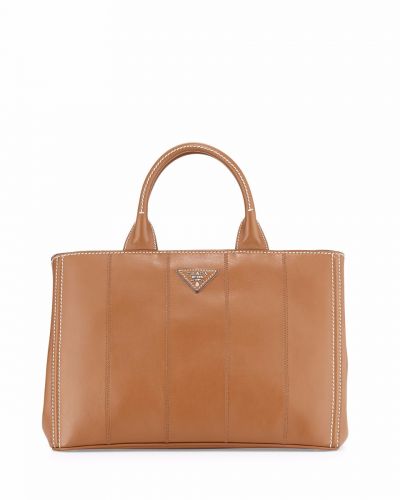 Pale Brown Prada Galleria Leather Tote Bags Orderly White Line Suture Flat Button Short Handles Online Replica