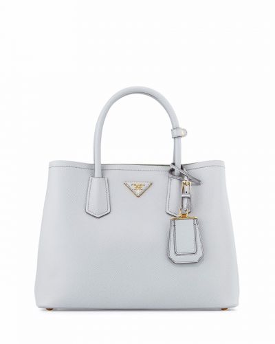 Prada Double White Leather Tote Bags Medium Rounded Handles Gold Plated Hardware Womens Hot Selling