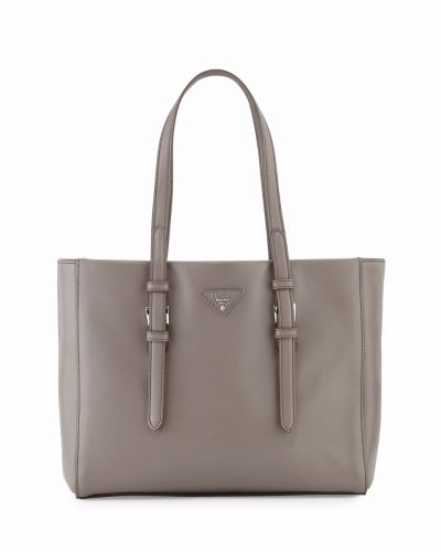 Prada Gray Leather Square City Bags Long Handle Silver Hardware Triangle Logo Online Sale    