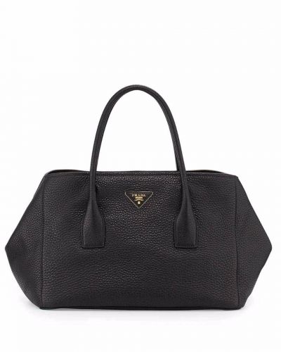 Personalized Prada Vitello Daino Tote Bags Black Grainy Leather Long Handles Triangle Gold Hardware Label