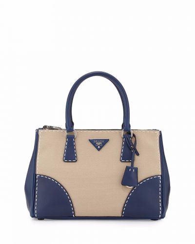 Prada Galleria White Canvas Navy Leather Tote Bags Leather Triangle With Metal Logo Lettering Rolled Handles
