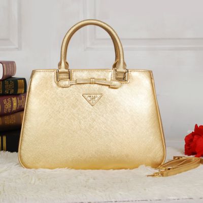 Prada Galleria Fluorescent Golden Medium Leather Tote Bags Removable Shoulder Strap Gold Hardware Rounded Top Handles 