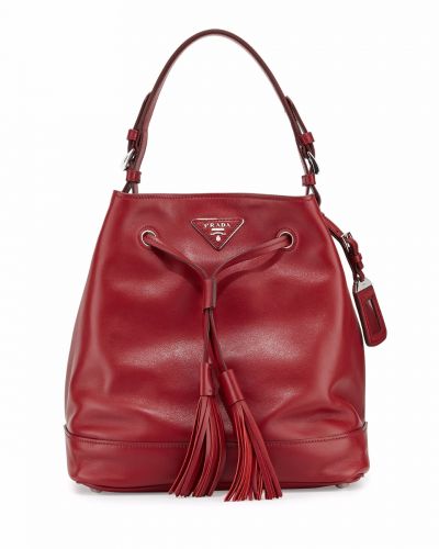 Prada Vitello Daino Red Leather Bucket Tote Bags Drawstring Closure Flat Button with Studs Rounded Handle 