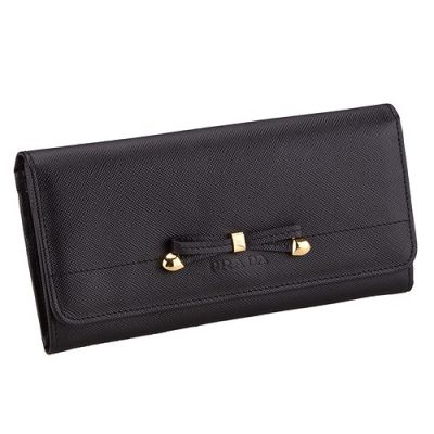 Hot Selling Prada Continental Wallet Double Button Closure Gold Hardware Delicate Bowknot Trimming Embossed Logo   