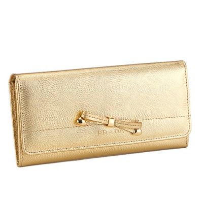 Vogue Golden Leather Prada Continental Wallet Gold Hardware Delicate Bowknot Trimming Embossed Logo Button Closure 