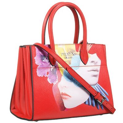 New Prada Double Printed Girl Red Leather City Bags Silver Hardware Open Style Closure Hot Selling