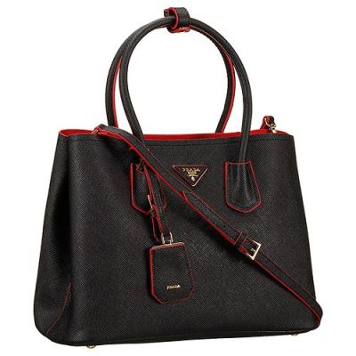 New Prada Double Bi-Color Grainy Leather Tote Bags Black/Red Gold Plated Hardware For Ladies