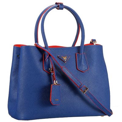 Prada Double Blue Leather Copy Tote Bags Double Rounded Top Handle Gold Hardware Ladies Free Shipping 