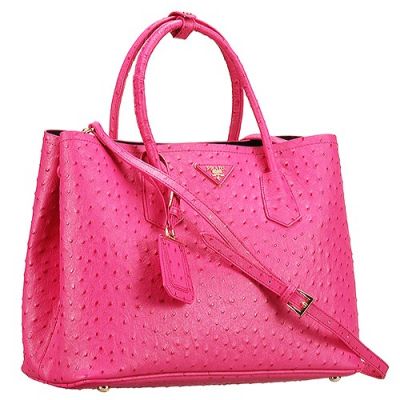 Ladies Prada Double Fuchsia Ostrich Leather City Bags Open Style Closure Rounded Top Handle Selling  