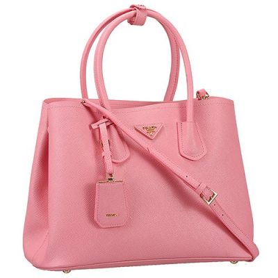 Summer New Pink Leather Prada Double Fake Tote Bags Gold Hardware Detachable Adjustable Flat Shoulder Strap   