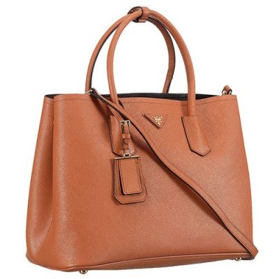 Fashion Tan Leather Prada Double City Bags Gold Hardware Removable Adjustable Shoulder Strap Online Sale  