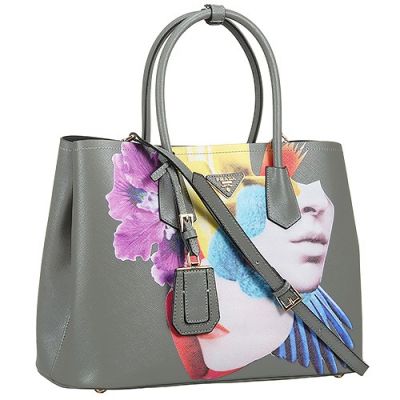 New Prada Double Printed Girl Grey Leather Fake City Bags Removable Shoulder Strap Flat Bottom Womens