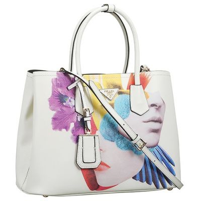 Prada Double Printed Girl White Leather City Bags Metal Lettering Logo For Womens Outlet Sale  